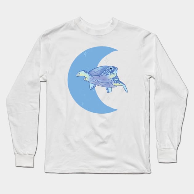 Sea Turtle Crescent Moon - Blue Long Sleeve T-Shirt by eeliseart